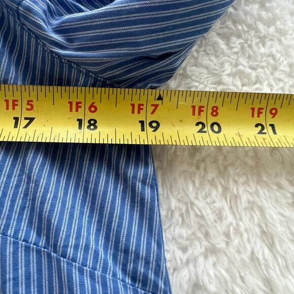 BCBGeneration Women’s Blue White Pin Striped Ruffle Cold Shoulder Top Shirt Sz L - Picture 6 of 8